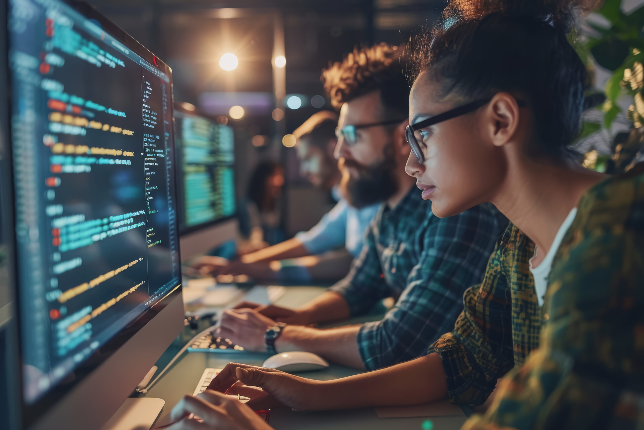 A group of developers men and women working together to program an e commerce website.