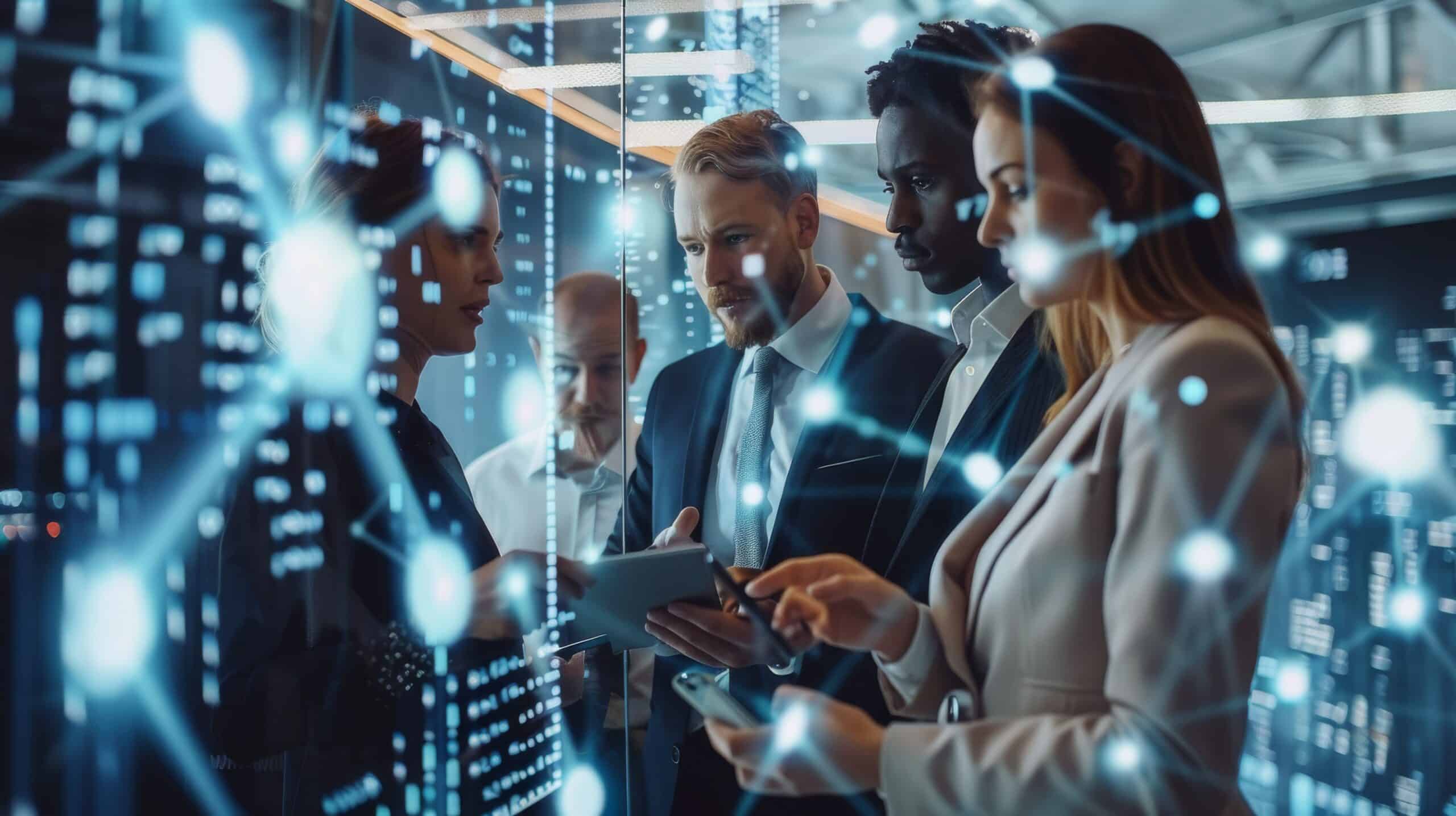 Business professionals worldwide collaborating through digital channels, focusing on customer service, data exchange, and global outsourcing Business professionals worldwide collaborating through digital channels, focusing on customer service, data exchange, and global outsourcing