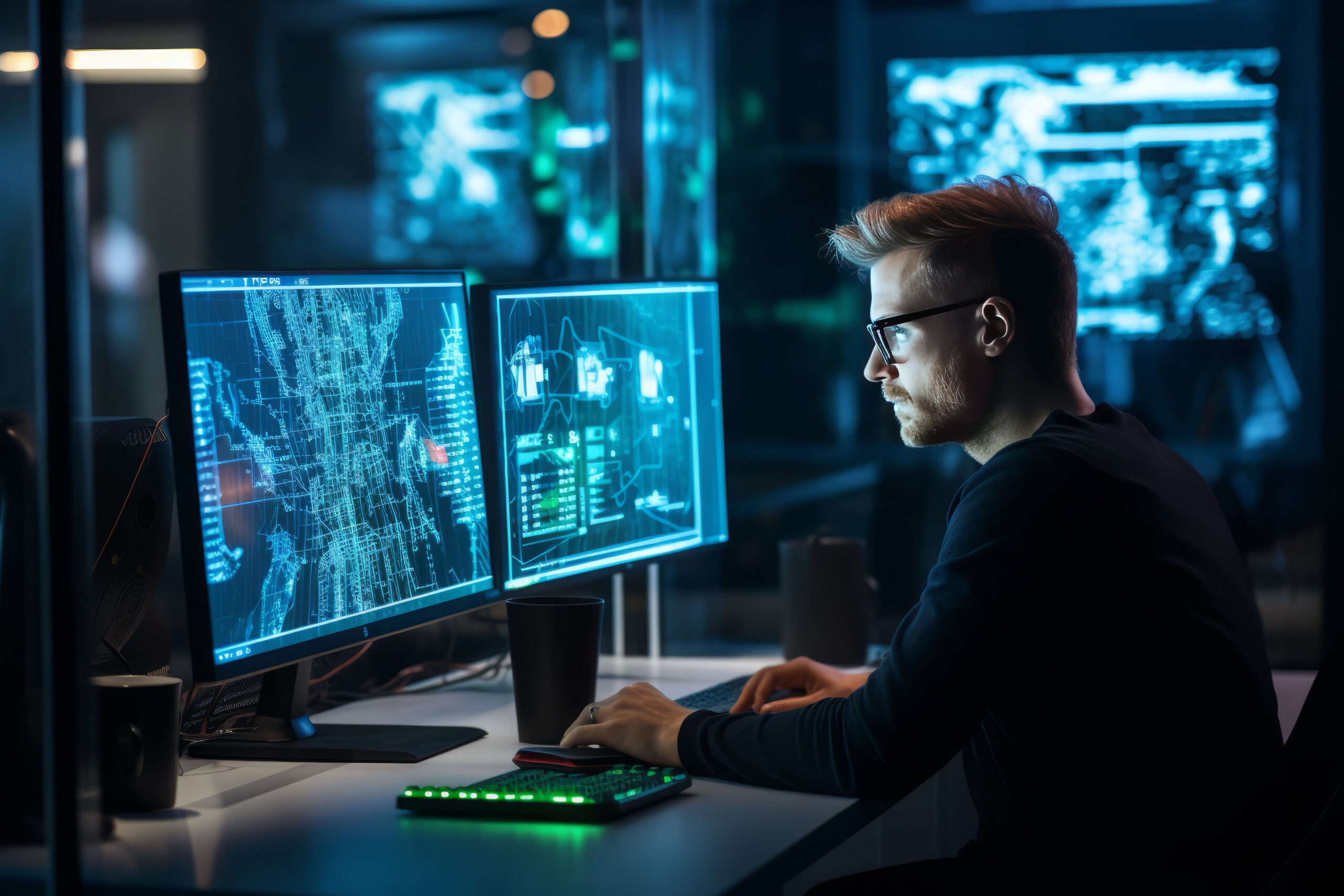 A man works at a computer. Modern technologies in business. AI g A man works at a computer. Modern technologies in business. AI g