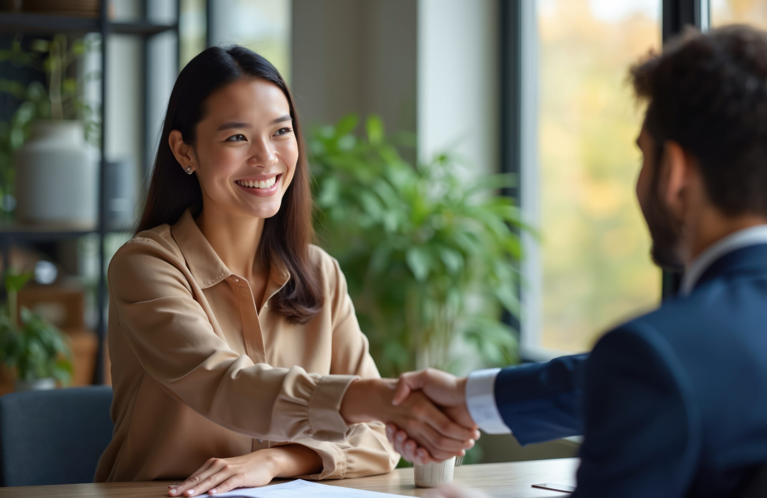 Businesswoman shaking hands client after successful deal, contract signing. Smiling female manager hr hiring recruit at job interview. Happy people. Teamwork, partnership concept. Businesswoman shaking hands client after successful deal, contract signing. Smiling female manager hr hiring recruit at job interview. Happy people. Teamwork, partnership concept.
