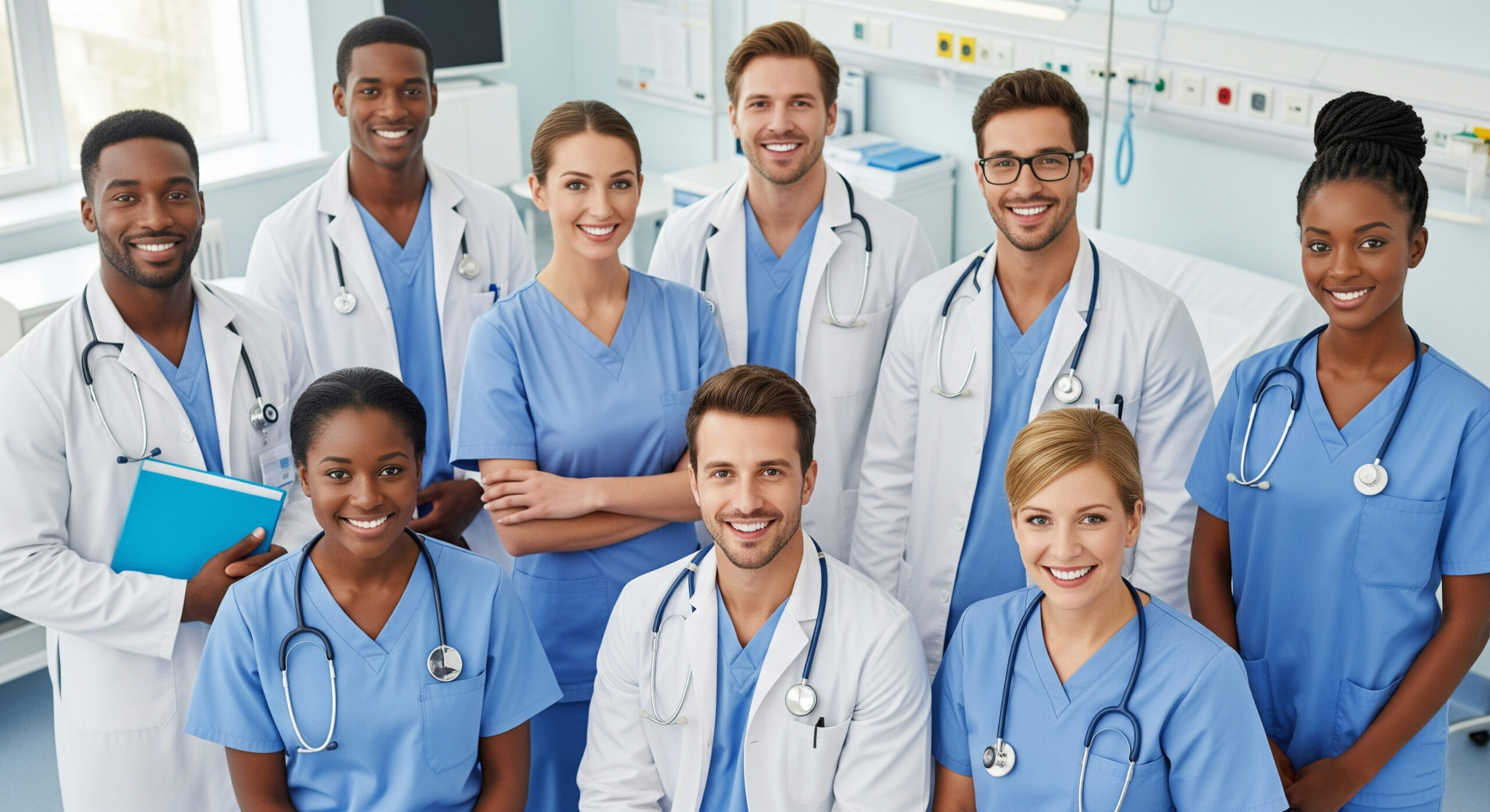 Smiling medical team, including doctors and nurses, representing a happy and united healthcare team. Smiling medical team, including doctors and nurses, representing a happy and united healthcare team.