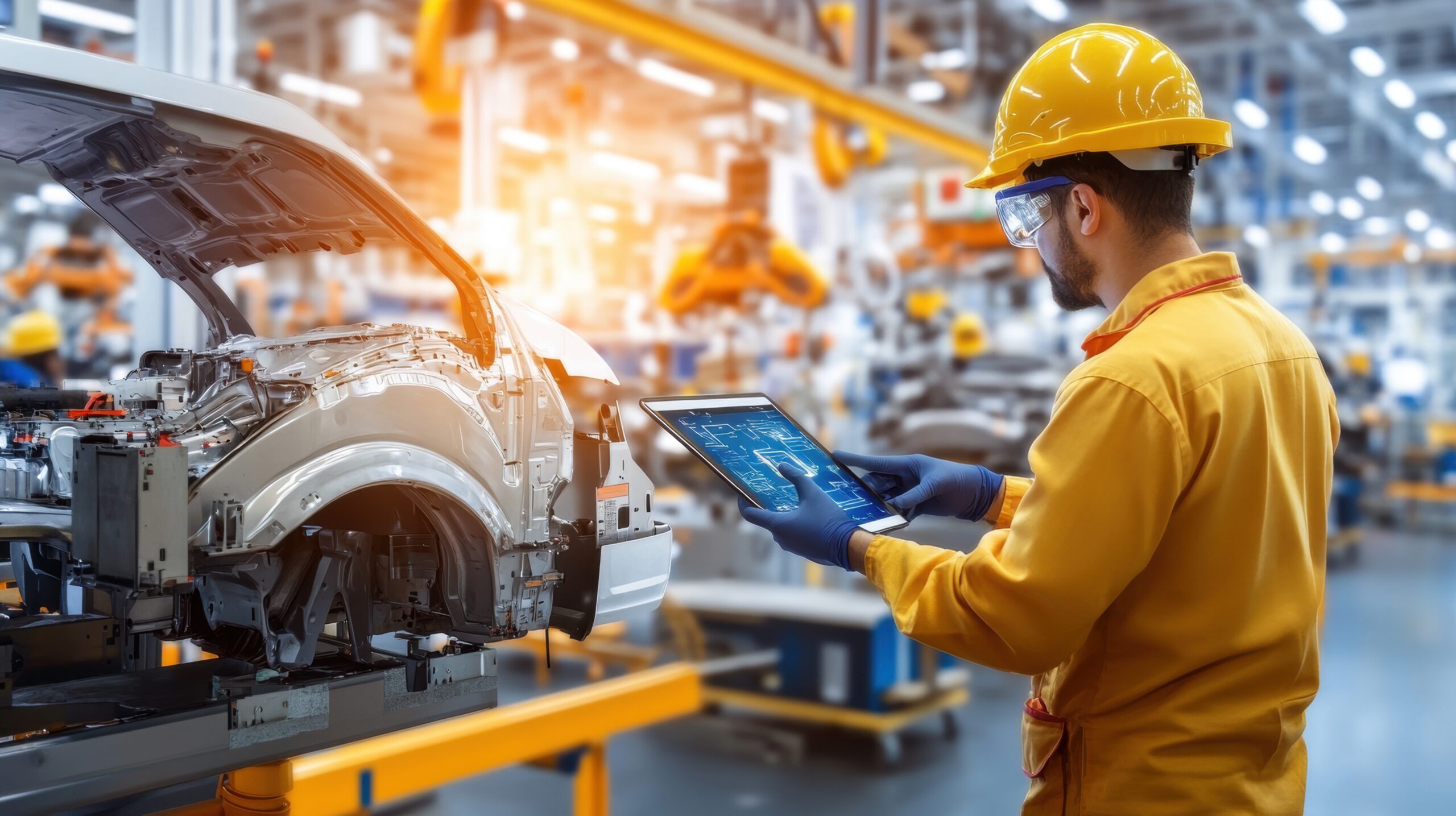 Worker Using Tablet in Modern Automotive Manufacturing Facility Worker Using Tablet in Modern Automotive Manufacturing Facility